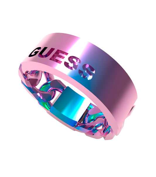 Iridescent Guess Jewellery ring with smooth flow, top view showcasing vibrant color and sleek design.