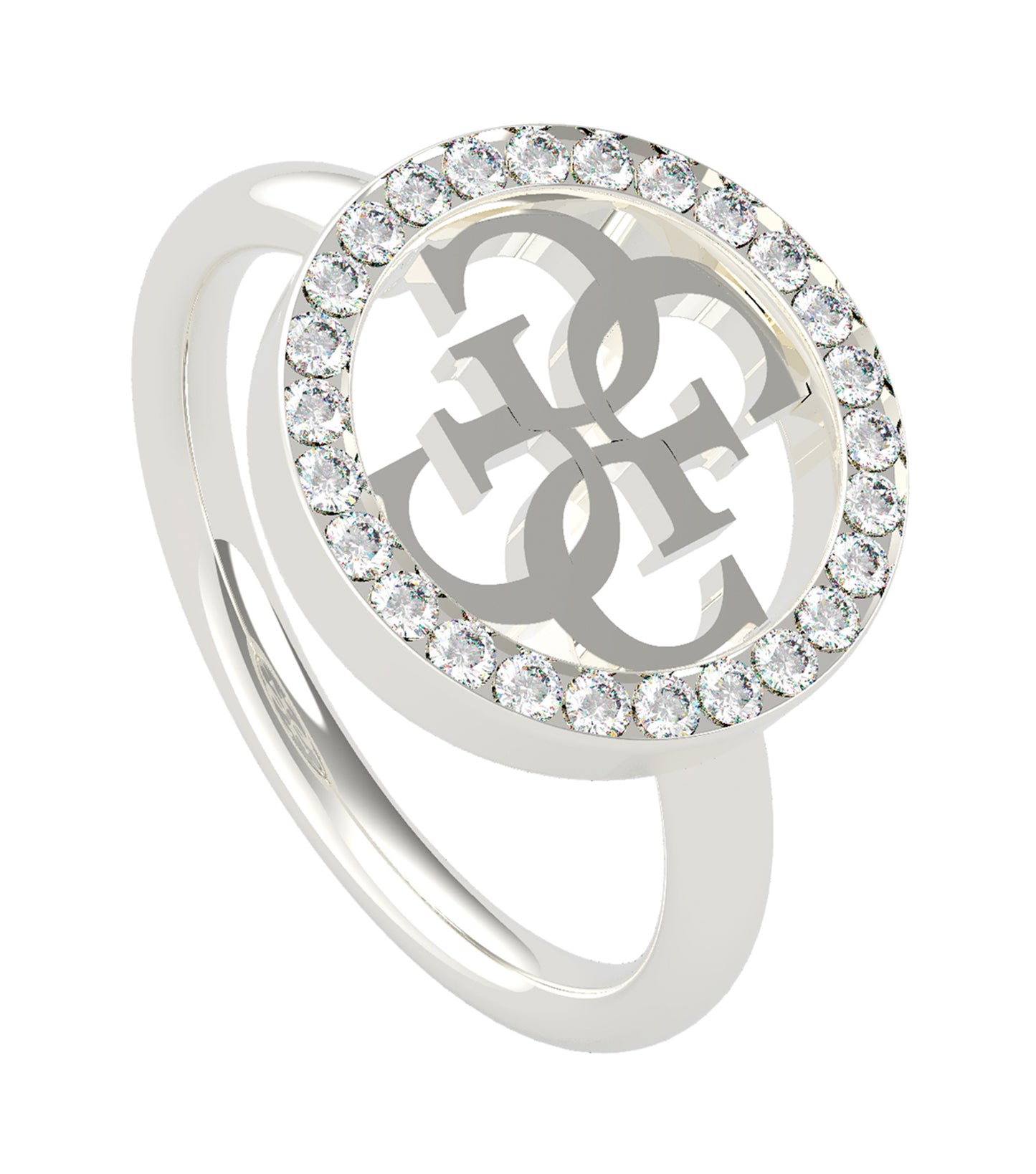 Passionate side-view of GUESS Jewellery silver ring showcasing intricate design and elegant craftsmanship.
