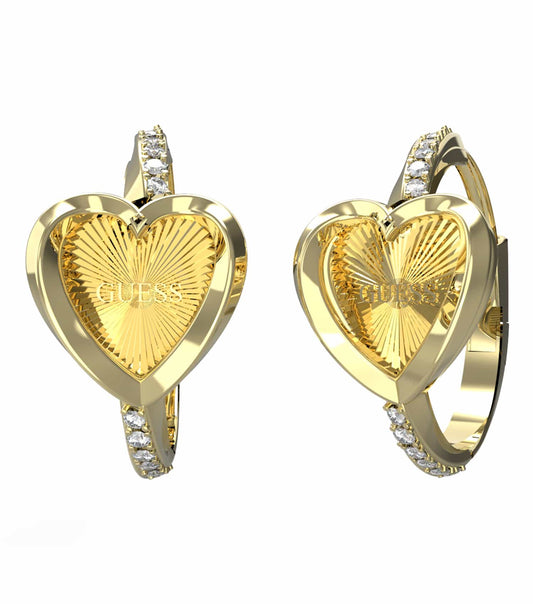 Guess Jewellery gold earrings featuring a stylish modern design, shown at a front angle, highlighting their elegant, intricate craftsmanship.