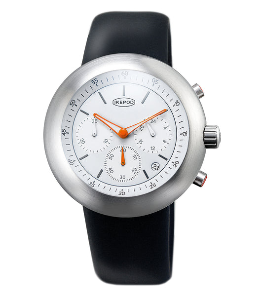 IkePod watch featuring a sleek black design, angled front view showcasing its minimalist face and elegant leather strap.
