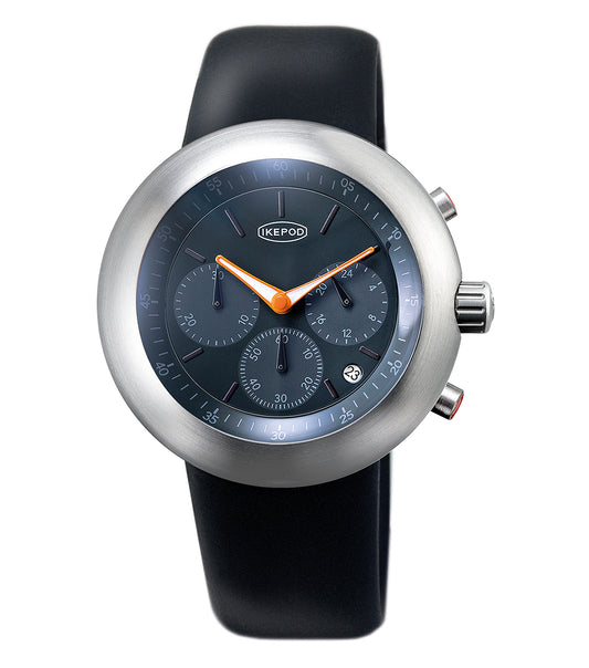 Ikepod grey watch showcasing sleek design and classic round face, side angle capture highlighting minimalistic elegance.