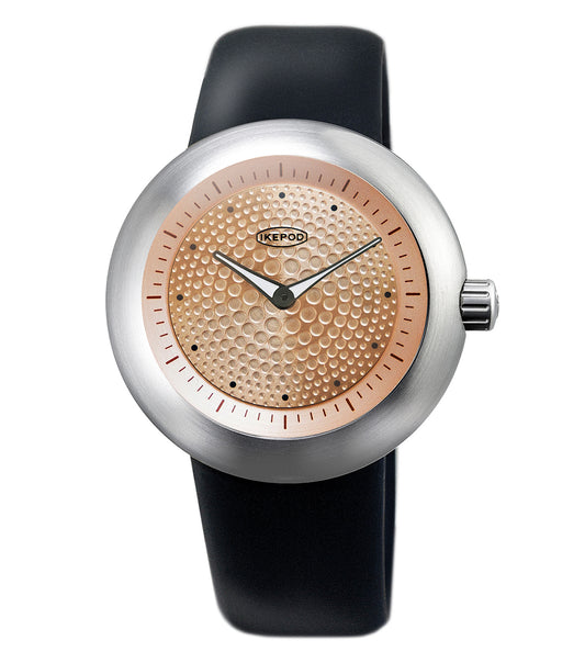 Ikepod black watch featuring sleek design and minimalistic elements, captured at a slightly tilted angle for a modern look.
