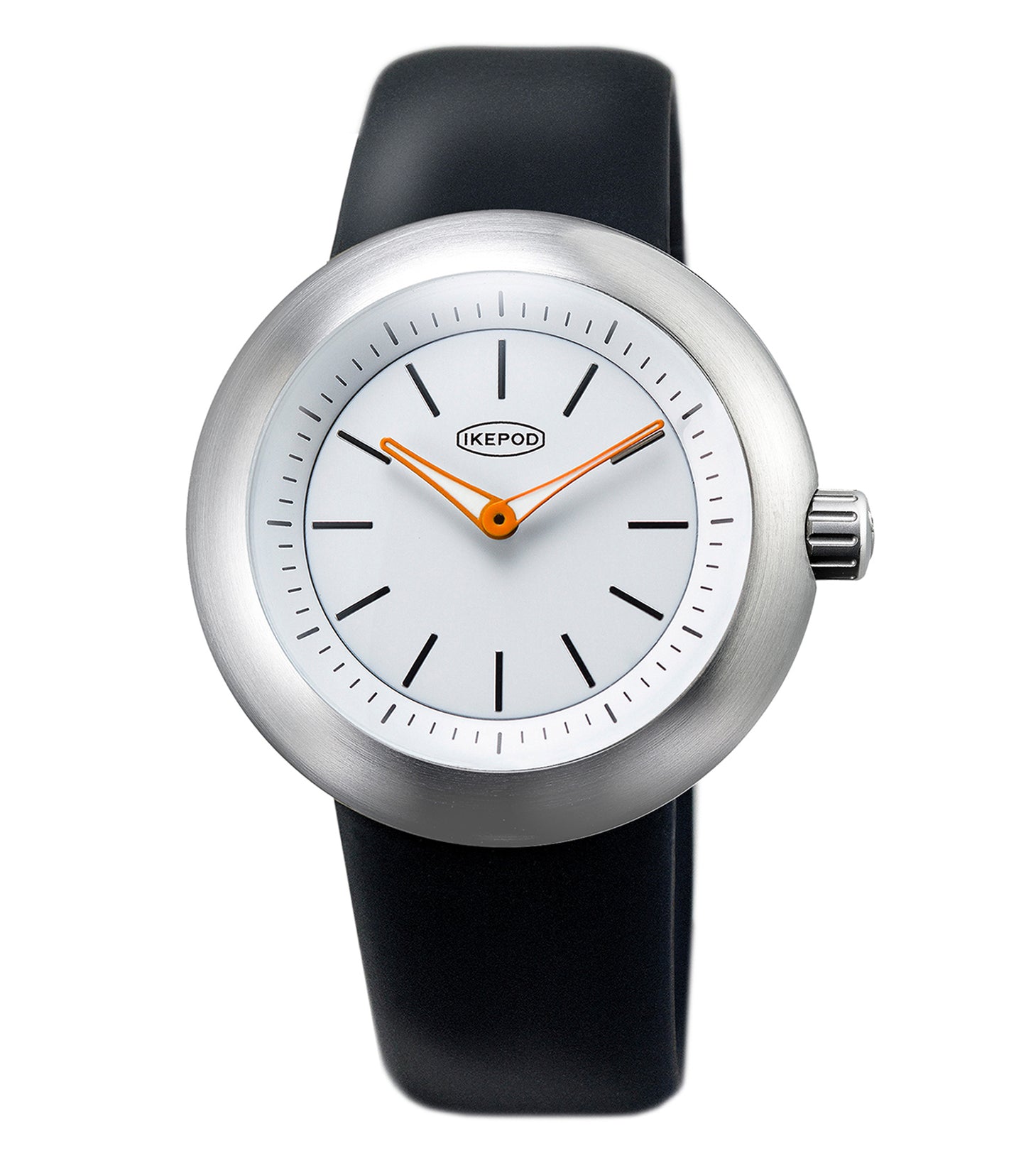 IkePod watch in silver tone, displayed at a slight angle, showcasing its sleek round face and minimalist design on a plain backdrop.