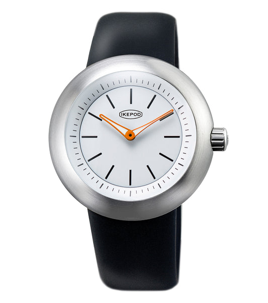 IkePod watch in silver tone, displayed at a slight angle, showcasing its sleek round face and minimalist design on a plain backdrop.