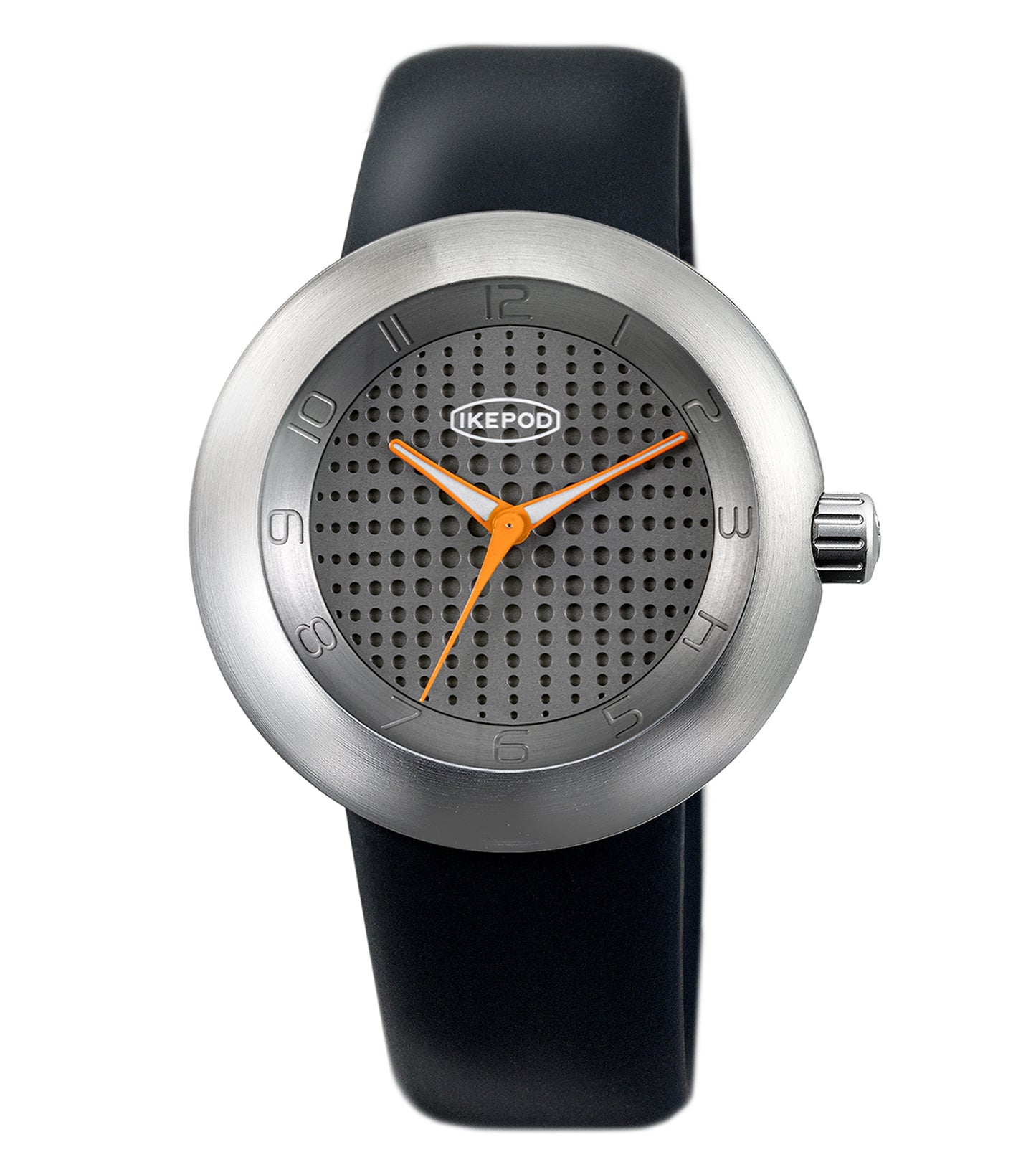 Ikepod grey watch featuring a modern design, sleek curves, and a smooth dial, photographed from a frontal angle.