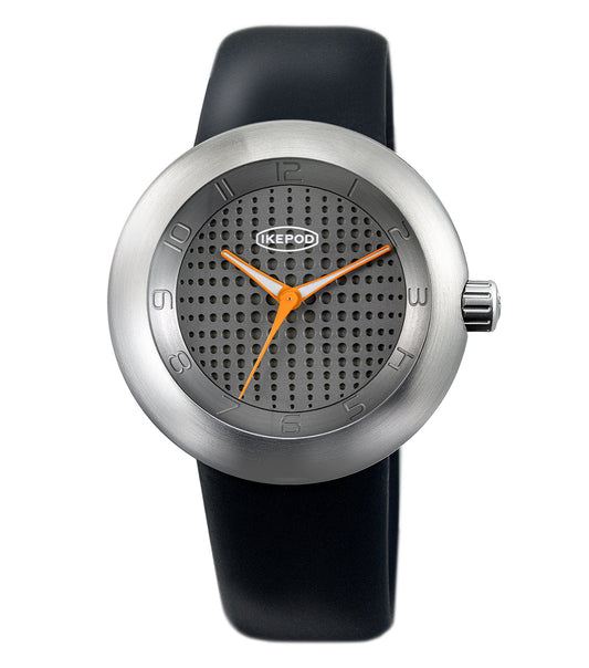 Ikepod grey watch featuring a modern design, sleek curves, and a smooth dial, photographed from a frontal angle.