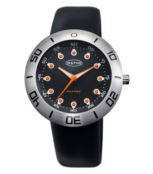 ikepod steel watch, side angle view, showcases sleek design and craftsmanship; timeless piece in modern metallic finish