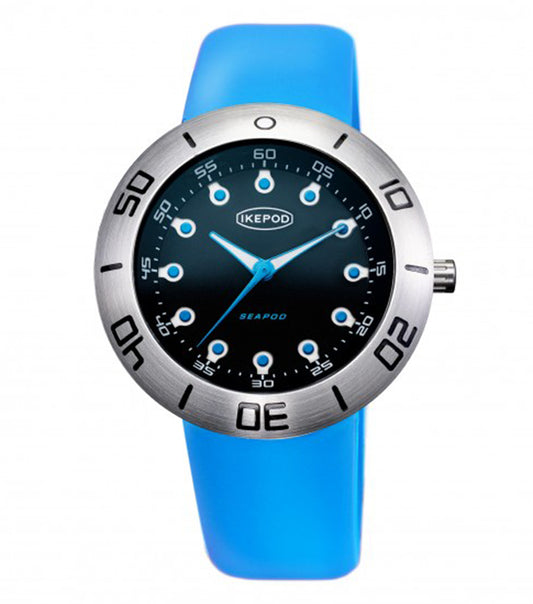 Ikepod steel watch close-up, showcasing sleek design and elegant craftsmanship with a frontal angle view, perfect for watch enthusiasts.