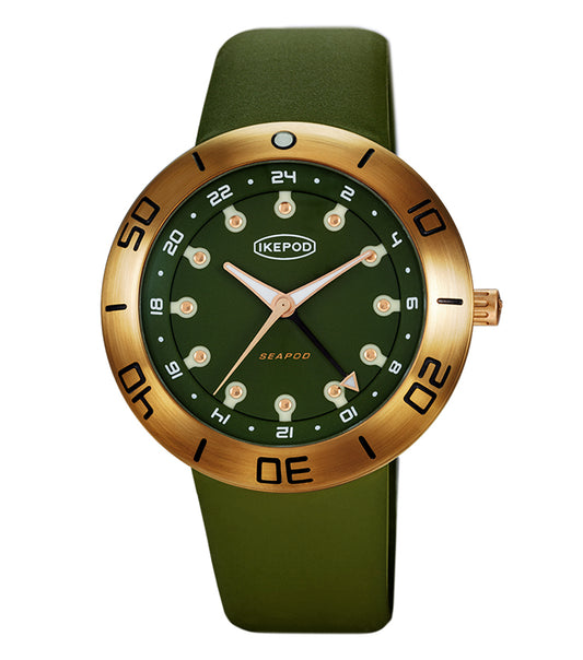 Bronze-colored ikepod watch showcasing a sleek modern design, side angle view highlighting the round dial and brown strap.