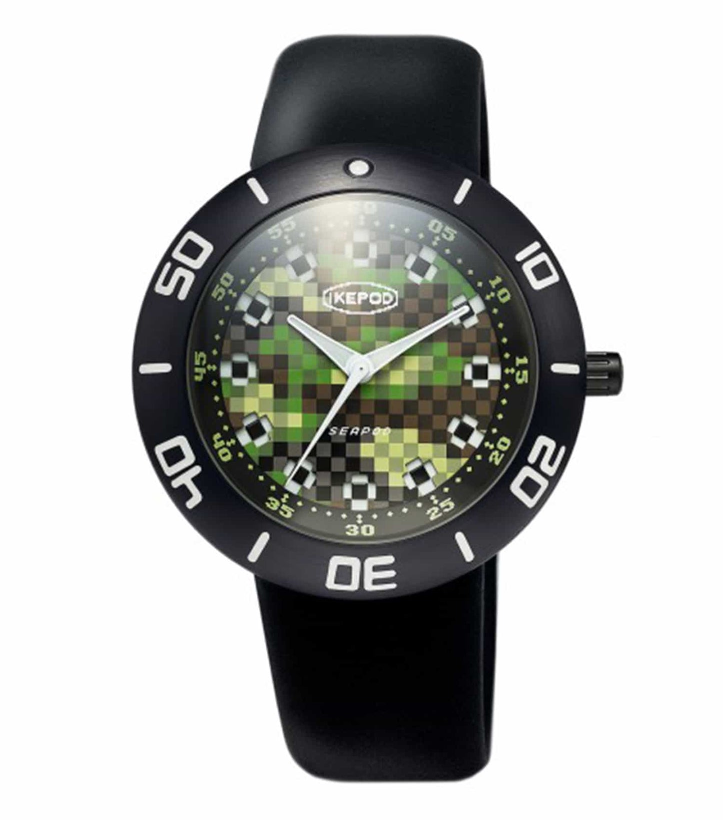 IkePod watch, minimalist design, front view. Sleek modern aesthetics, neutral tone, seamless finish, ideal for enthusiasts.