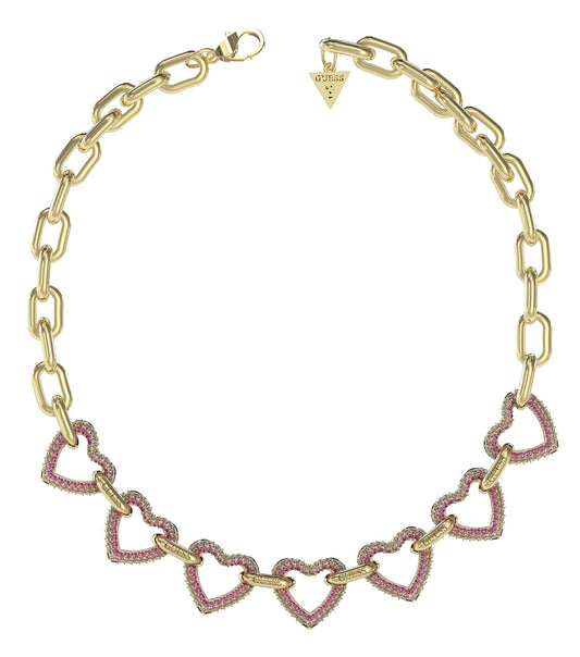 Guess Jewellery gold necklace showcasing elegantly intertwined links, displayed at a slightly elevated angle against a white backdrop.