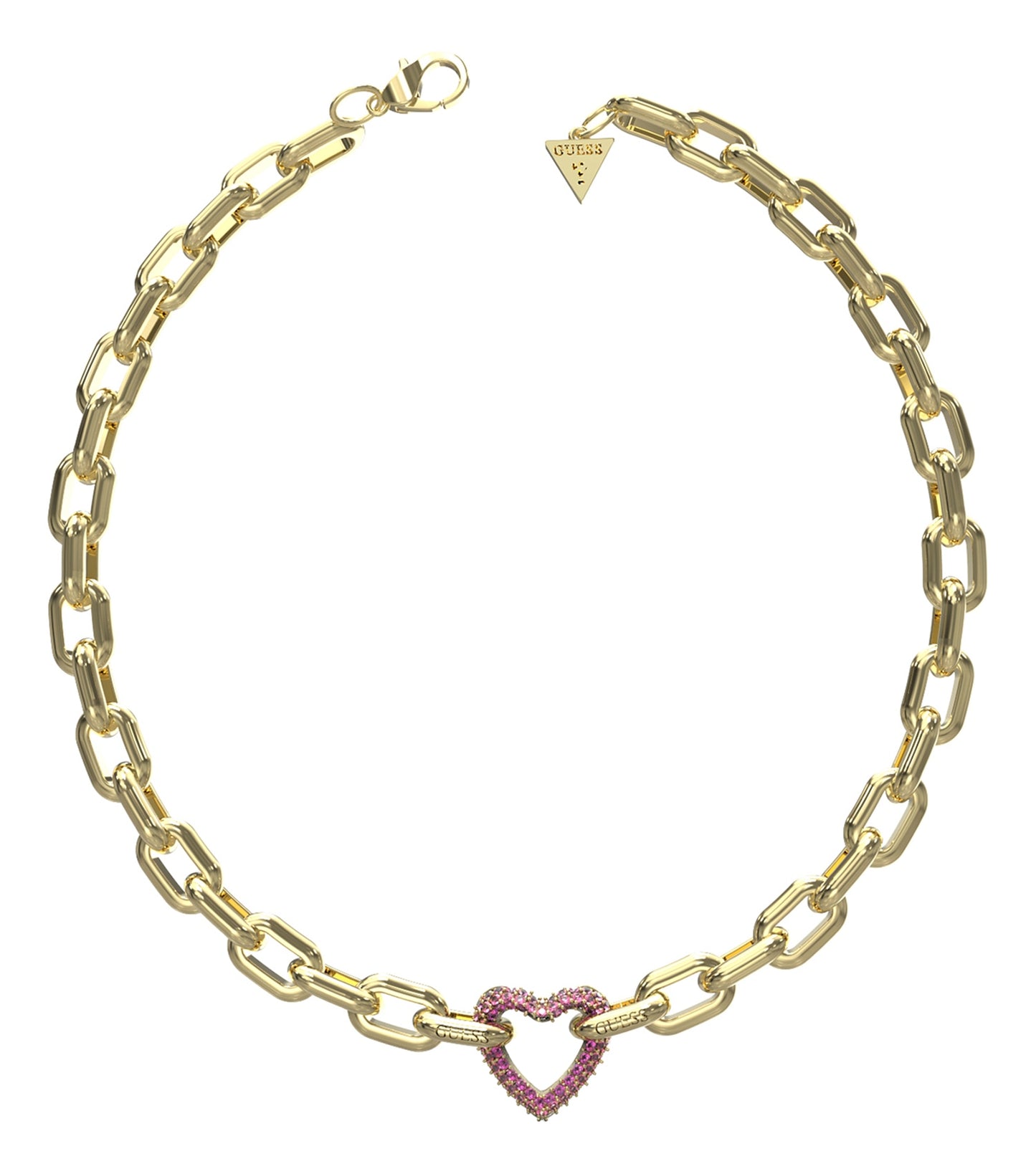 Guess Jewellery gold necklace elegantly displayed from a front angle, showcasing its exquisite craftsmanship and chic design.