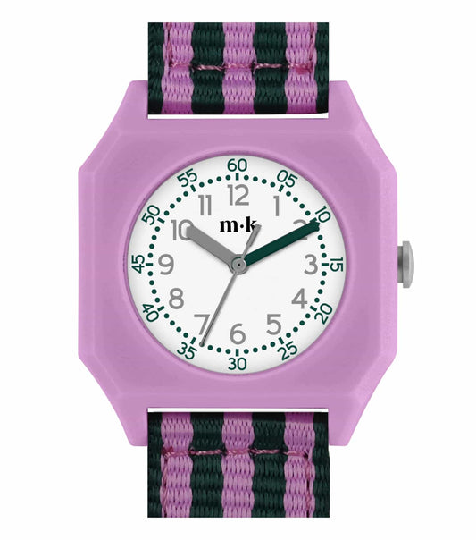 Mini Kyomo lavender watch lying flat amidst blooming lavender field, showcasing elegance and charm in captivating hues from above.