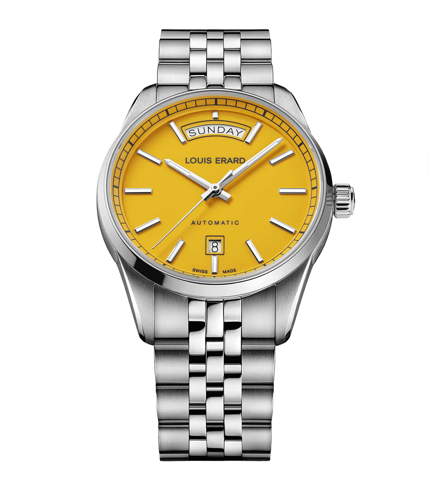 Yellow Louis Erard watch, elegant design, side angle view; 40mm face, showcasing luxury craftsmanship and unique style.