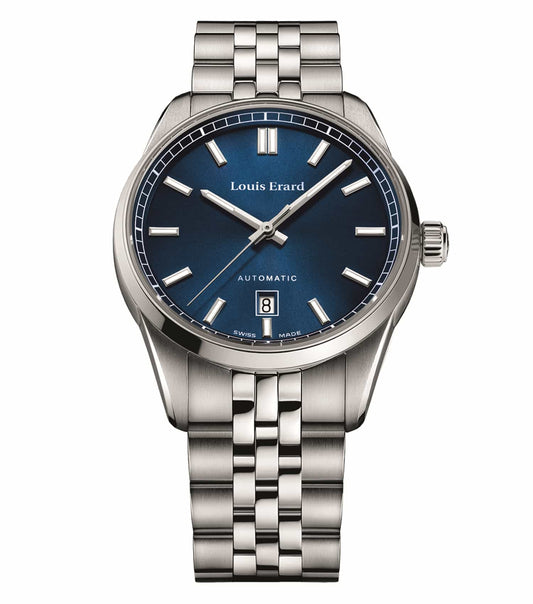 Louis Erard blue watch, angled view: silver dial, sleek blue strap, sophisticated design, passion for horology enthusiasts.