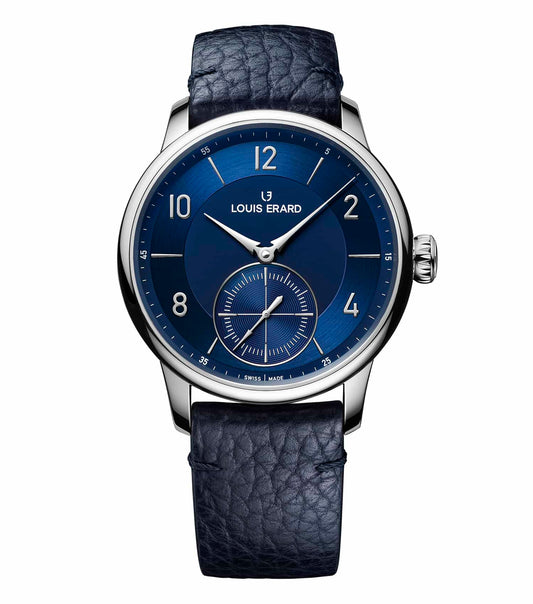 Louis Erard blue watch side angle, showcasing elegant design, with blue dial and stainless steel casing, perfect for watch enthusiasts.