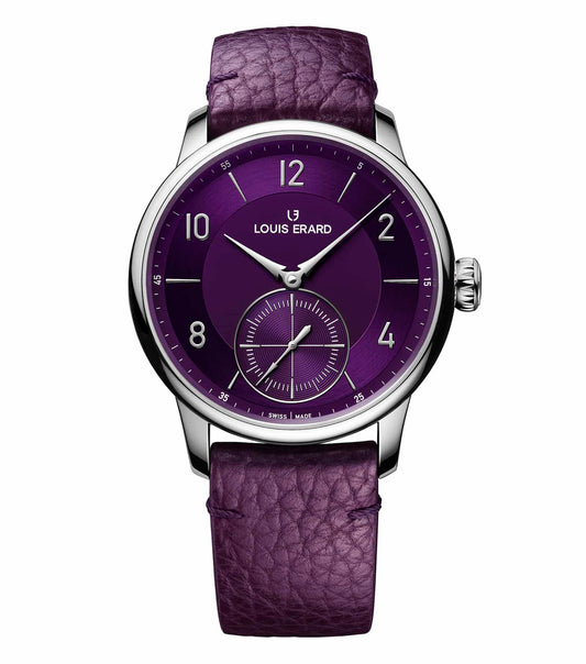 Louis Erard watch in purple, angled elegantly at 39mm, showcasing detailed craftsmanship and sophisticated design.