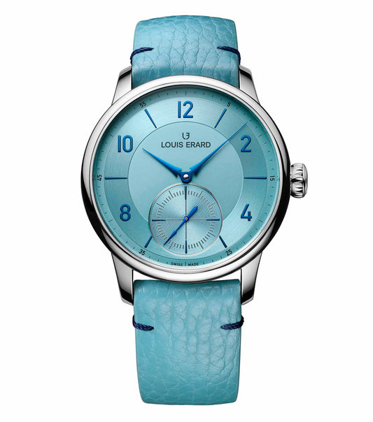 Ice Blue Louis Erard watch in a close-up frontal angle showcasing intricate details, elegant design, and minimalist dial.