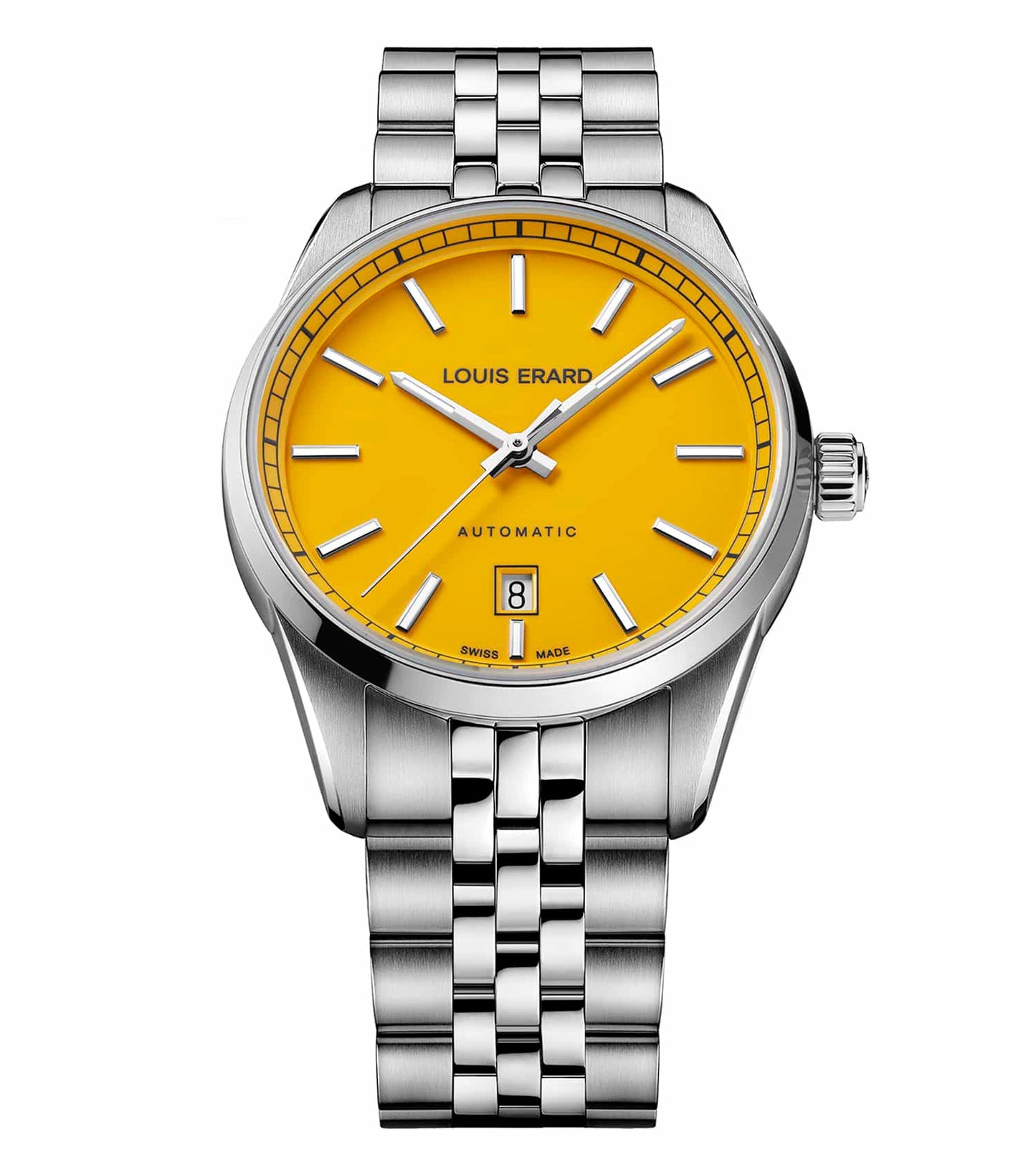 Louis Erard yellow wristwatch, side angle view showcasing elegant design and craftsmanship, ideal for watch enthusiasts.