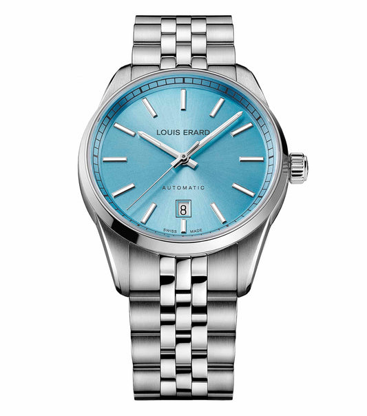 Louis Erard ice blue watch displaying intricate details, 40mm stainless steel case, angled view showcasing elegant craftsmanship.