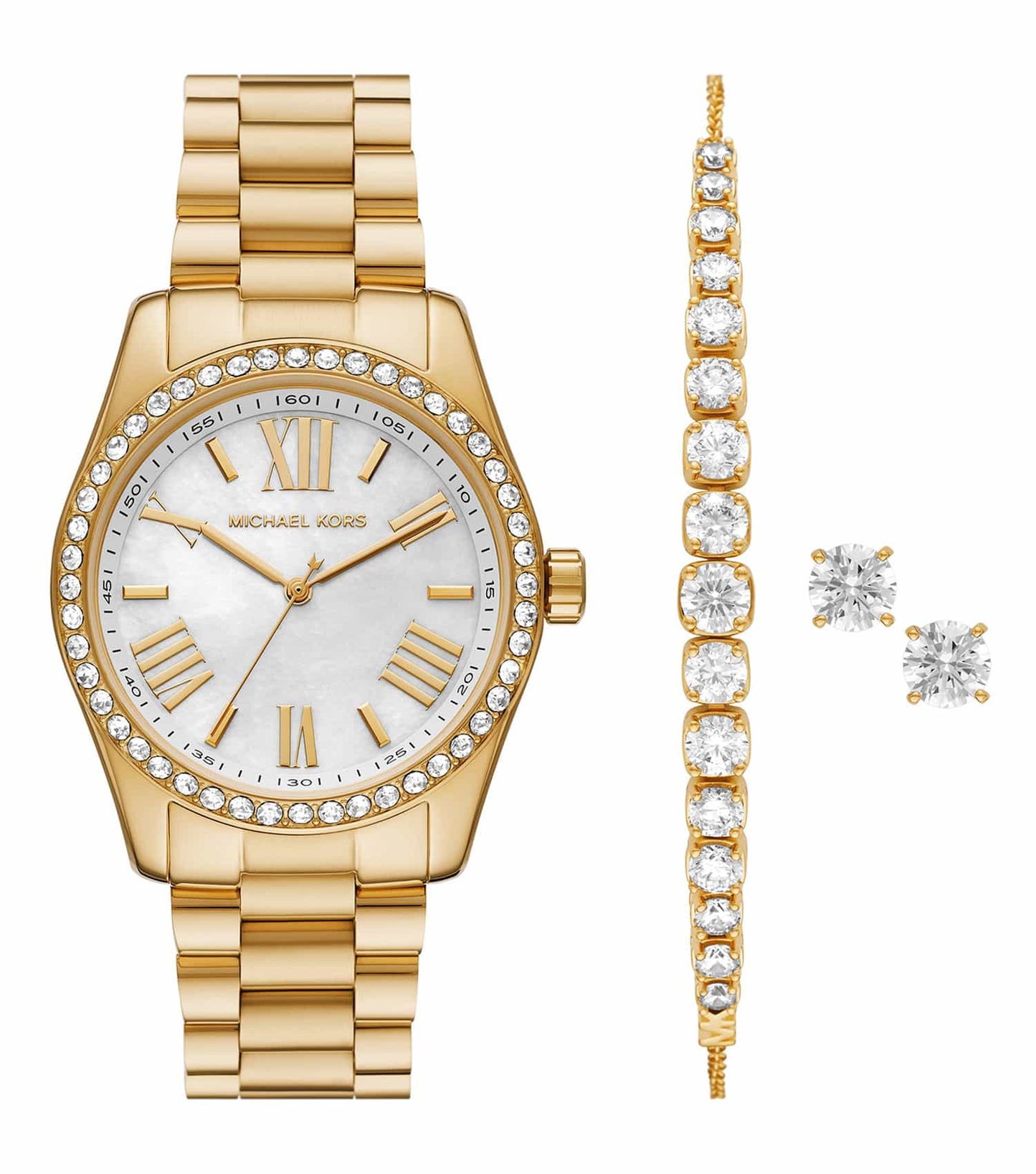 Elegant Michael Kors quartz watch in rich golden hue, side angle showcasing intricate design details and luxurious finish.