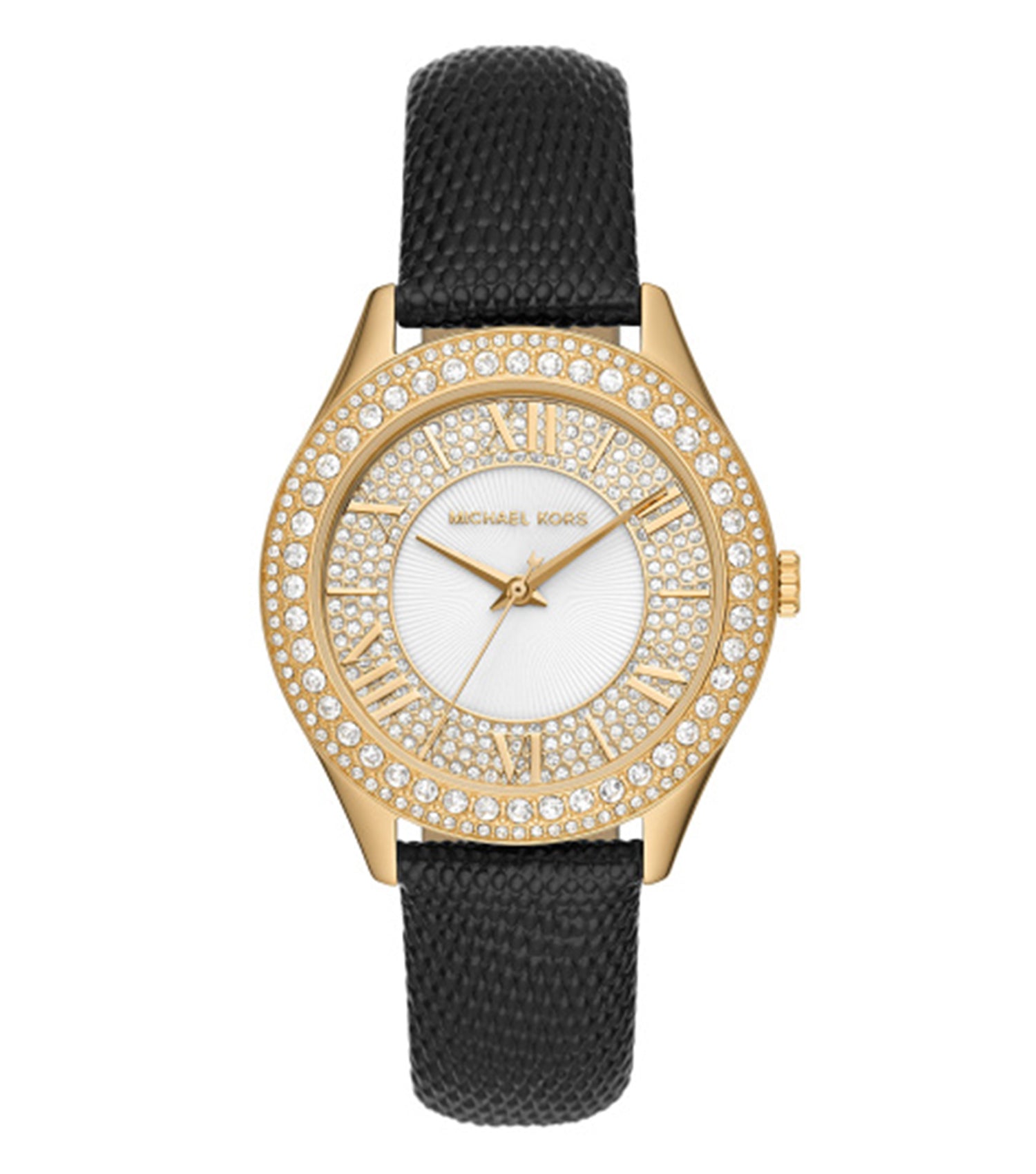 Michael Kors elegant gold-tone watch with a minimalist design, featuring a luxurious single-tone metal strap, displayed at a slight angle.
