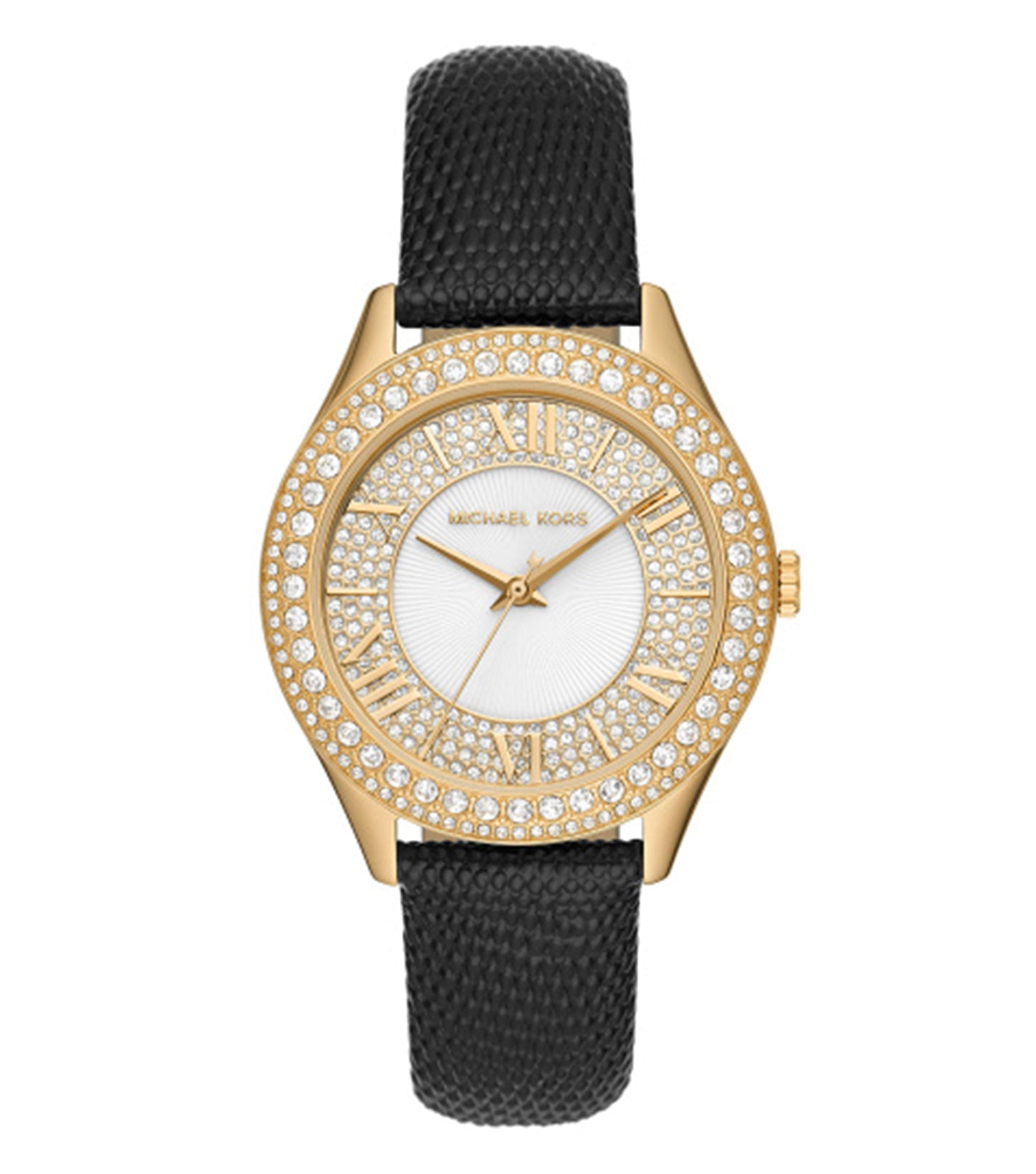 Michael Kors elegant gold-tone watch with a minimalist design, featuring a luxurious single-tone metal strap, displayed at a slight angle.
