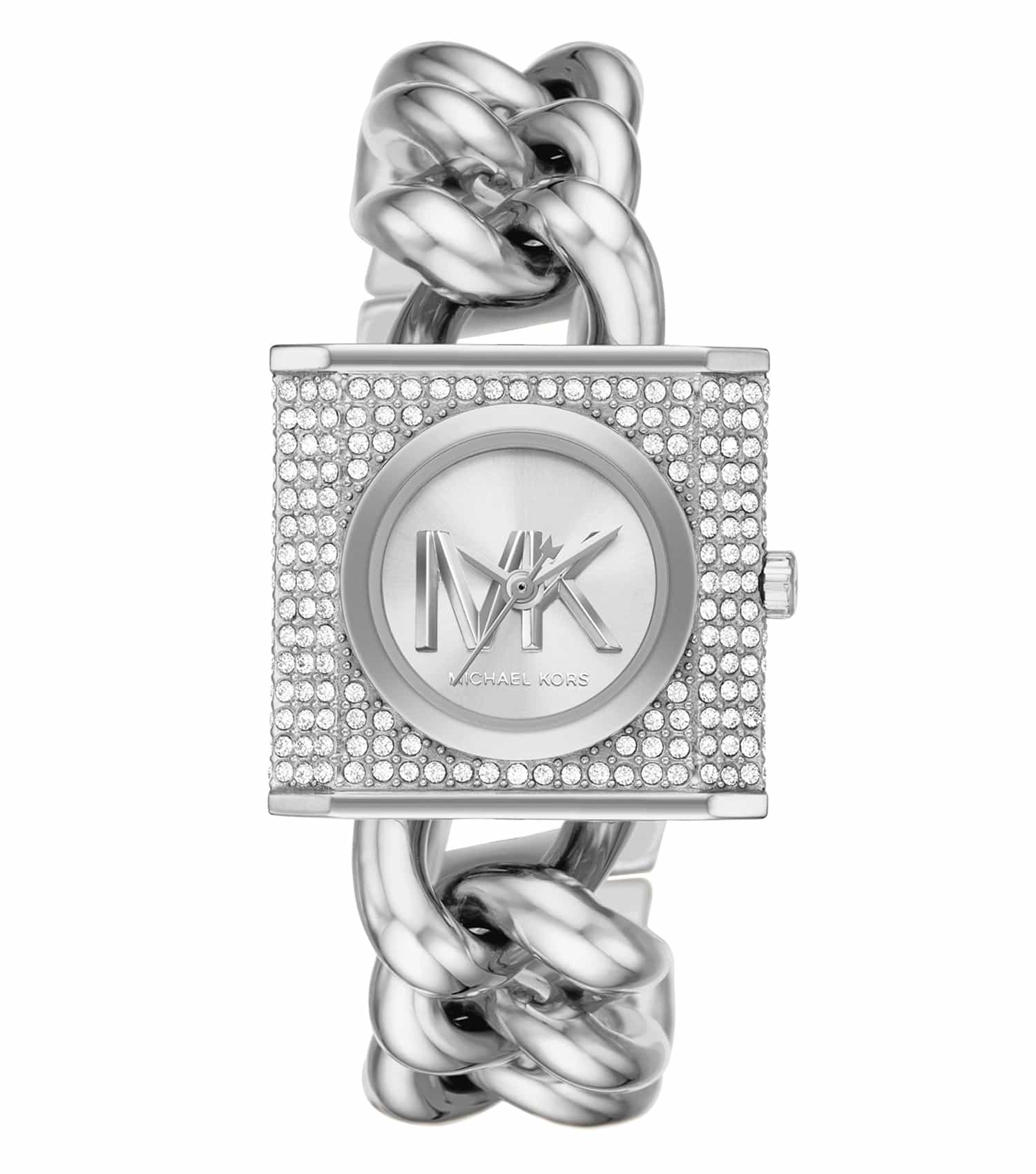 Elegant Michael Kors silver watch angled slightly to the right; sleek design, round face, shimmering bracelet inspiring timepiece allure.