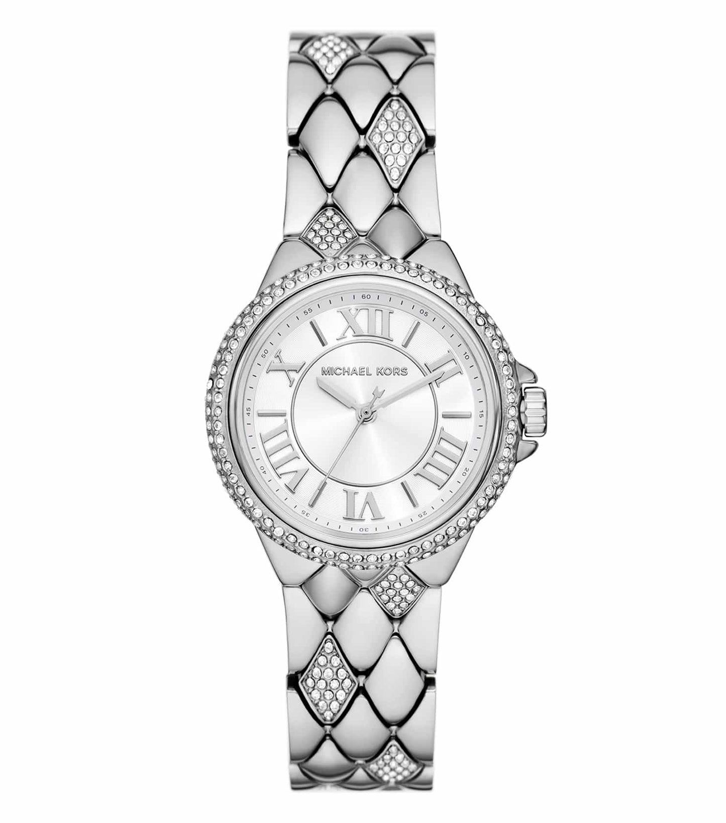 Micheal Kors Quartz Watch with Elegant Silver Tone, Front View, Showcasing Its Sleek Dial and Intricate Detailing