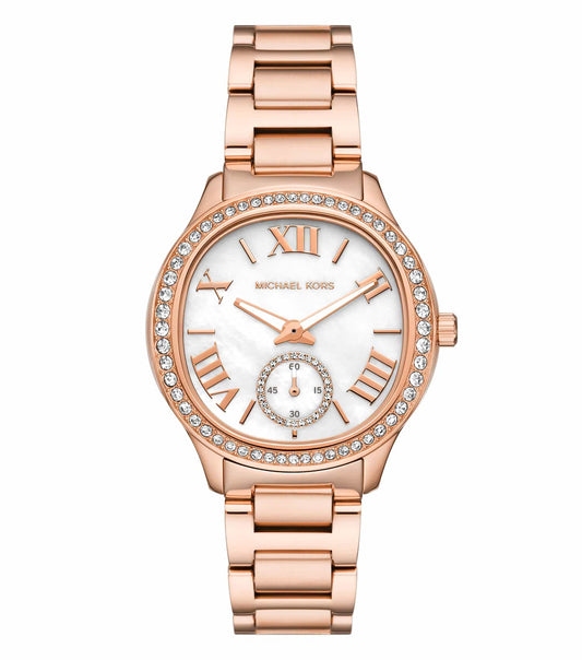 Michael Kors sage color watch with elegant design, viewed at a slight angle showcasing the chic gold details and smooth band.