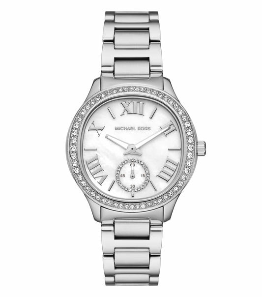 Michael Kors sage color watch, MK4807 model, close-up angle showcasing elegant design with stainless steel bracelet and minimalist dial.
