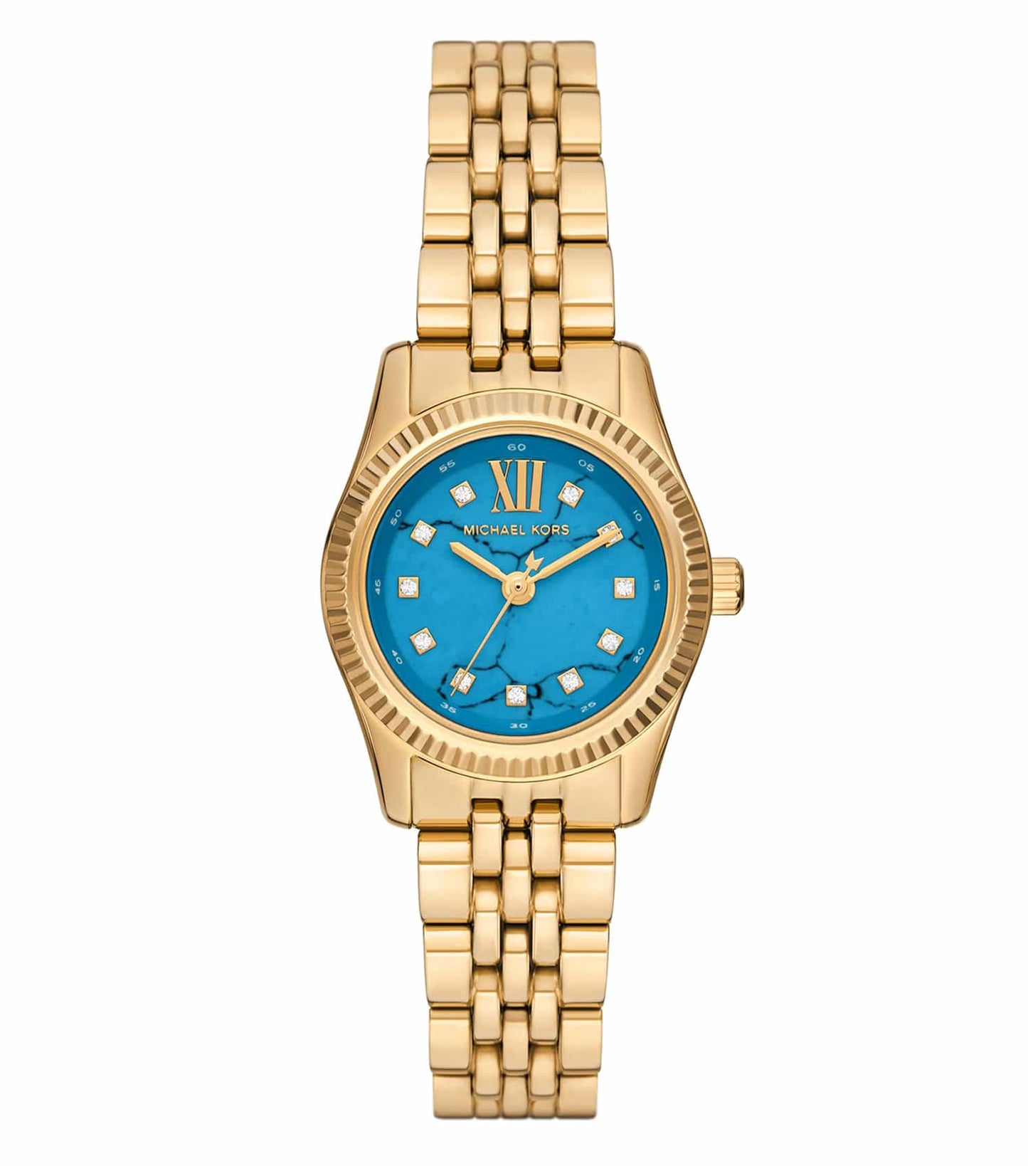 Michael Kors watch, quartz color with glamorous design, displayed at an angled front view showcasing intricate details and elegance.