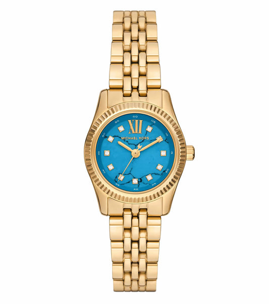 Michael Kors watch, quartz color with glamorous design, displayed at an angled front view showcasing intricate details and elegance.