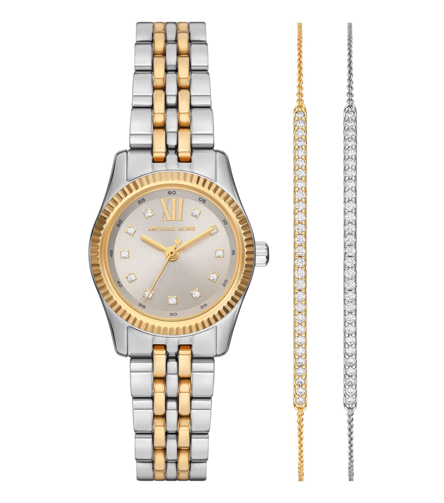 Michael Kors watch in a sleek, monochrome design, displayed from an angle showcasing its elegant features and sophisticated craftsmanship.