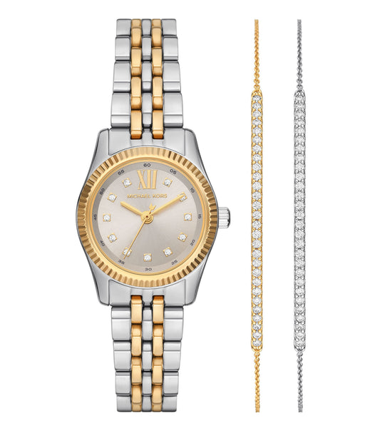 Michael Kors watch in a sleek, monochrome design, displayed from an angle showcasing its elegant features and sophisticated craftsmanship.