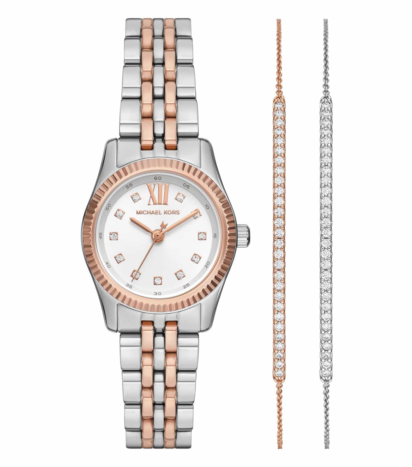 Chic Michael Kors quartz watch with a rose gold finish, displayed at a front angle, showcasing its detailed face and elegant strap.