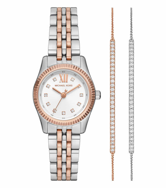 Chic Michael Kors quartz watch with a rose gold finish, displayed at a front angle, showcasing its detailed face and elegant strap.