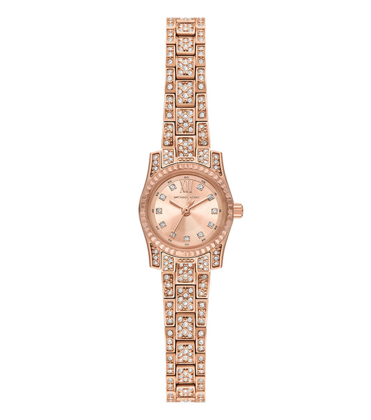 Michael Kors watch with a shimmering gold finish, shown at an elegant angle, capturing its luxurious and sophisticated design.