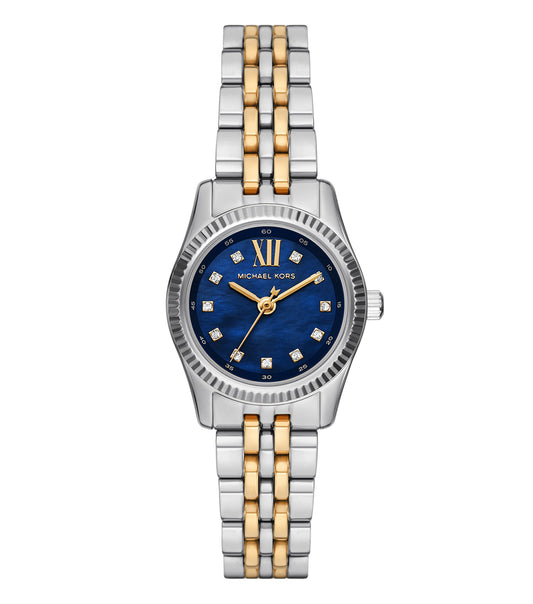 The Michael Kors quartz watch, viewed from the front, showcases a sleek silver-tone finish with a sophisticated round dial.