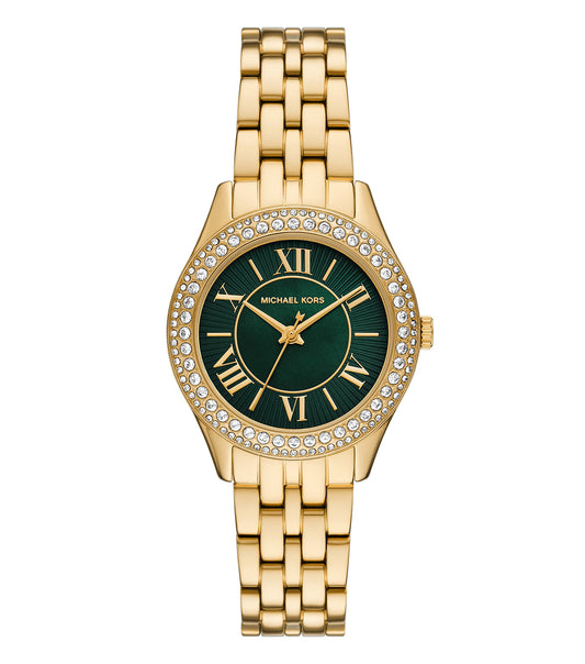 Michael Kors women's quartz watch, gold color, round face, elegant bracelet style; viewed from a frontal angle.