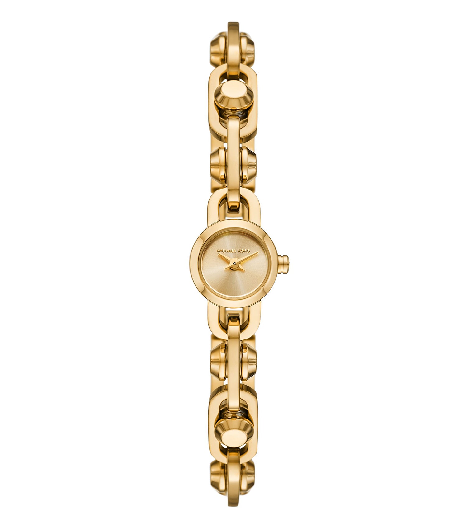 Michael Kors watch with a sleek gold-tone link bracelet, round dial, and sparkling accents, shown in a side angle to highlight its elegance.
