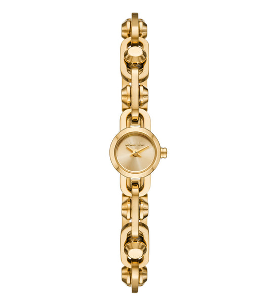 Michael Kors watch with a sleek gold-tone link bracelet, round dial, and sparkling accents, shown in a side angle to highlight its elegance.