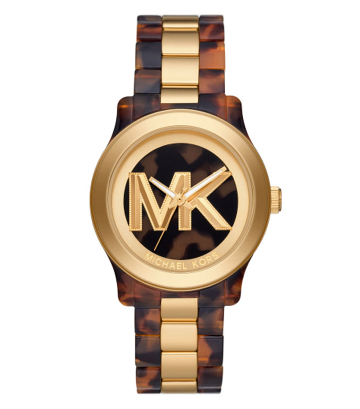 Elegant Michael Kors watch in Quartz color, featuring a classic round dial with gold accents, angled slightly forward.