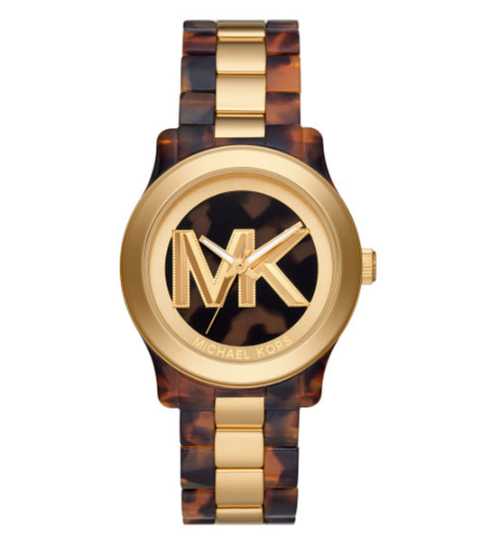 Elegant Michael Kors watch in Quartz color, featuring a classic round dial with gold accents, angled slightly forward.