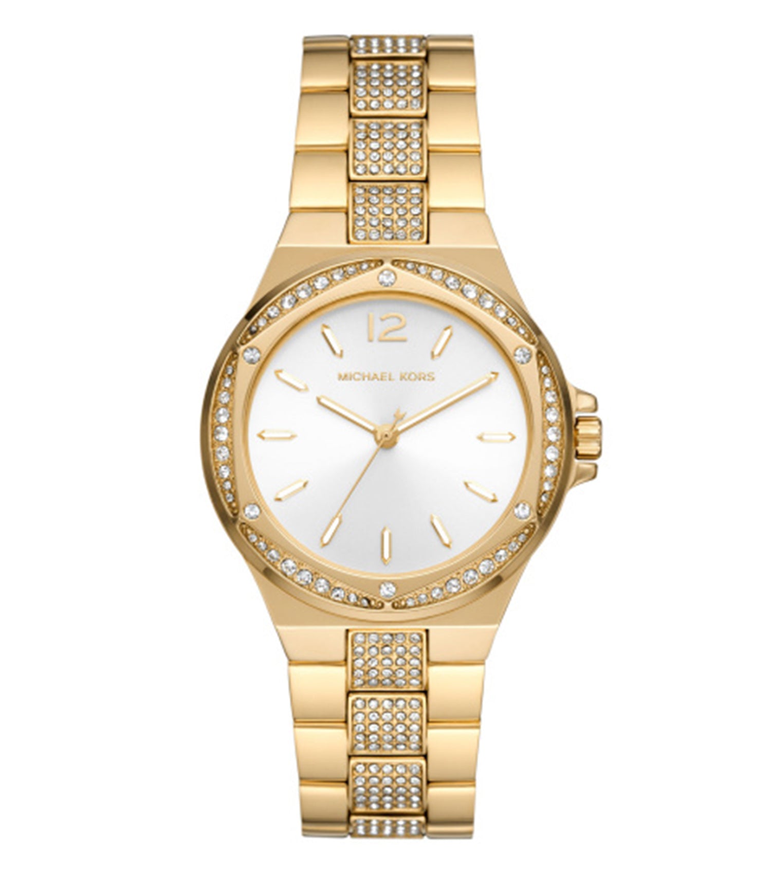 Elegant Michael Kors quartz watch with gold tone, featuring a lustrous round face, showcased from a dynamic side angle.