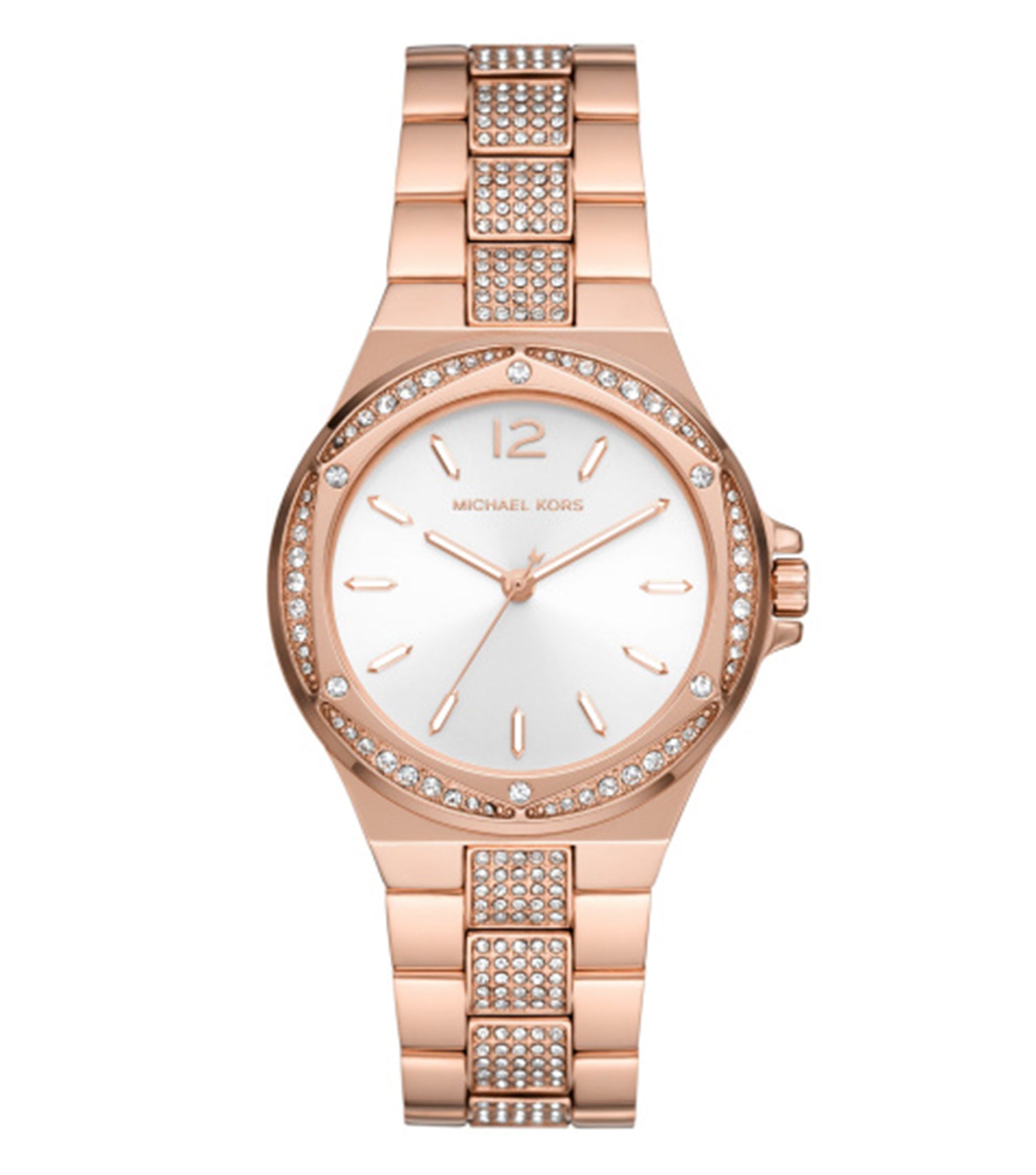 Rose gold Michael Kors watch with a sleek round face, viewed at a three-quarter angle, showcasing elegant details and fine craftsmanship.