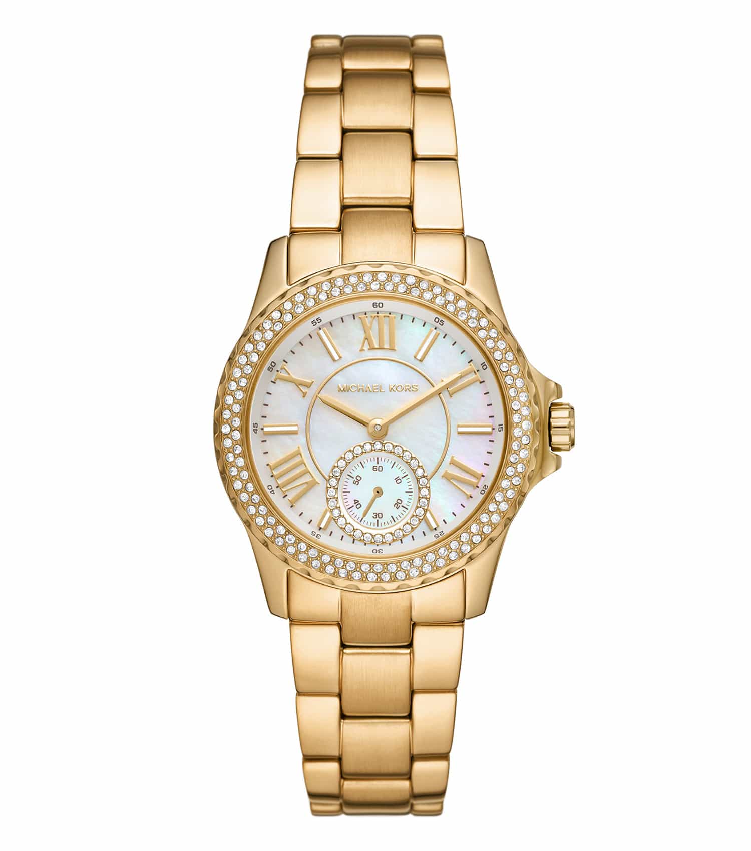 Michael Kors elegant watch with shimmering silver tone, showcasing an exquisite round dial, side angle view, perfect for timeless fashion.