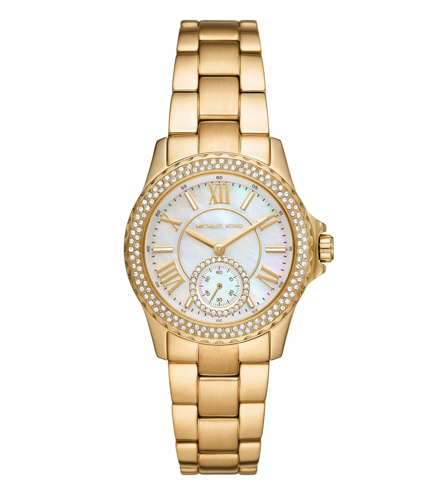 Michael Kors elegant watch with shimmering silver tone, showcasing an exquisite round dial, side angle view, perfect for timeless fashion.