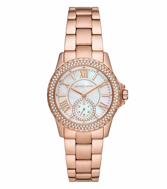 Michael Kors Everest Quartz 33mm watch in gold, front view; sophisticated design with a classic round dial and elegant detailing.