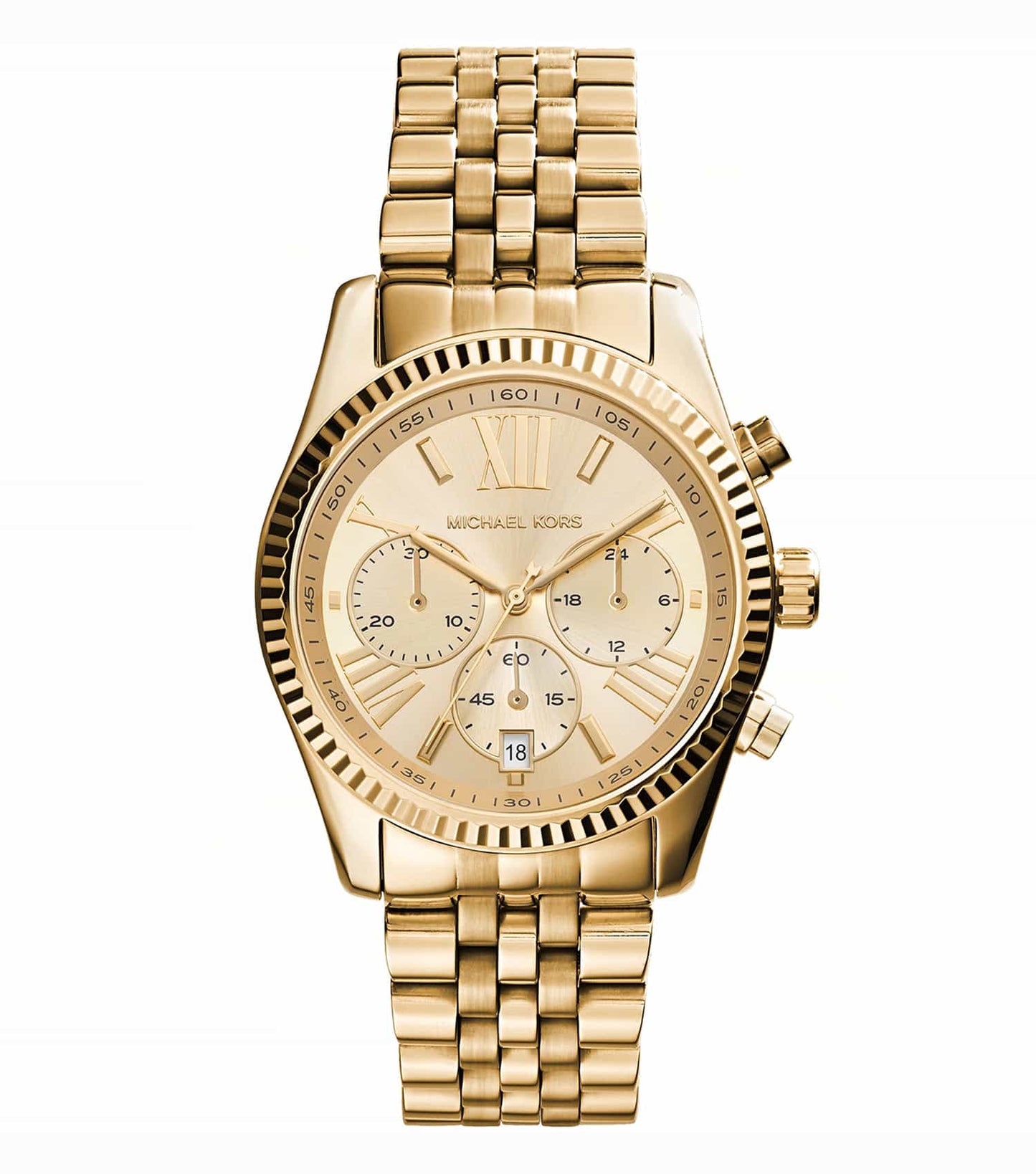 Michael Kors women's watch in gold tone with crystal accents, displayed at a three-quarter angle on a black background.